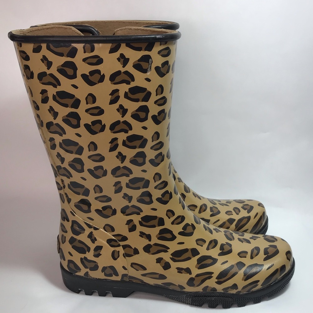 Sperry Top Sider Tan Black Animal Print Waterproof Rubber Boots Size 8